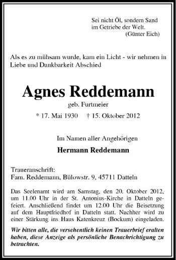 Traueranzeige von Agnes Reddemann von Tageszeitung